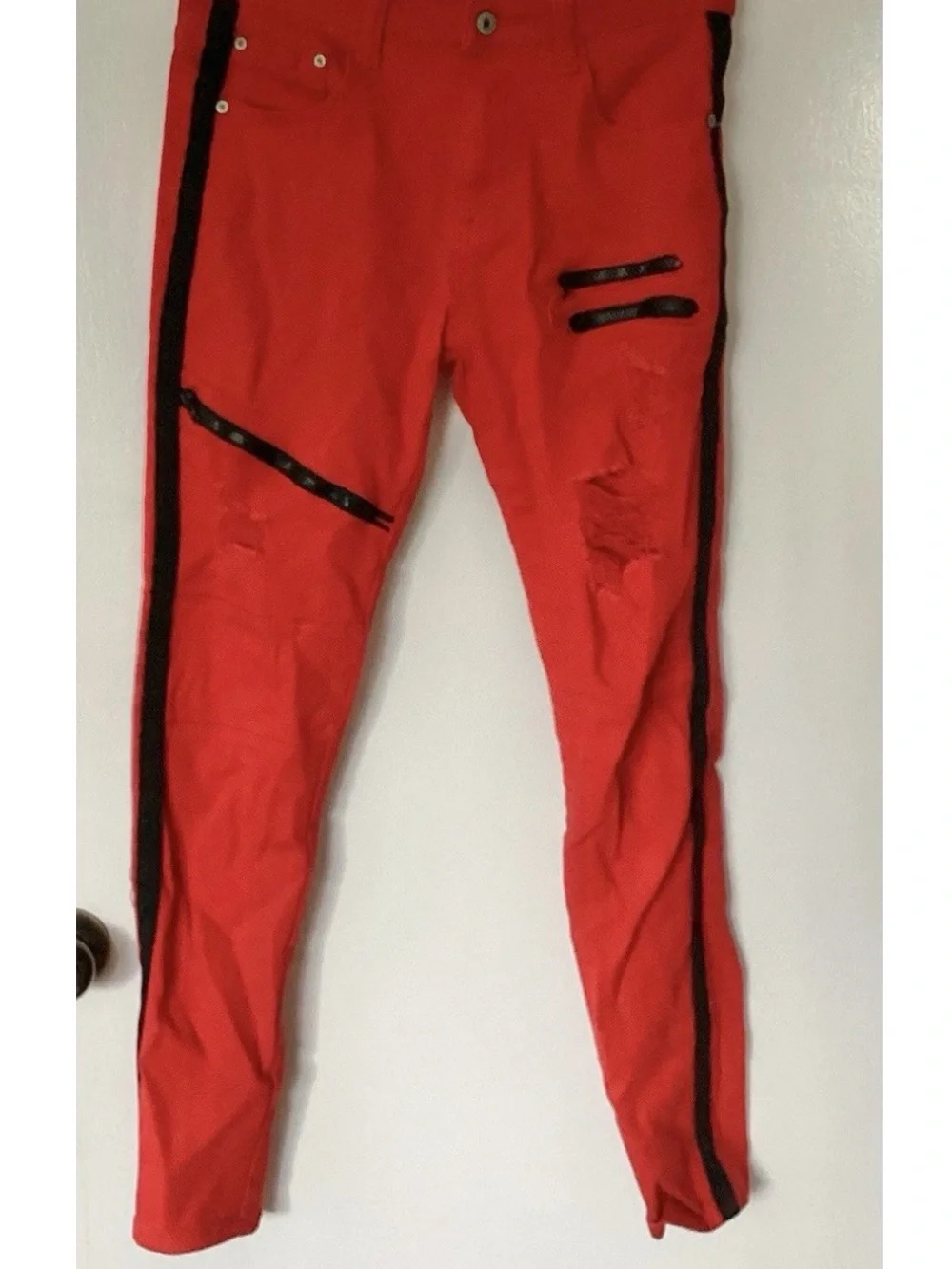 Men's Skinny Red Jeans with Black Side Stripe Zippers
